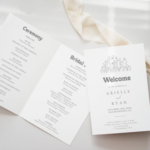 Minimal Muted Gray Wildflower Folded Wedding Program