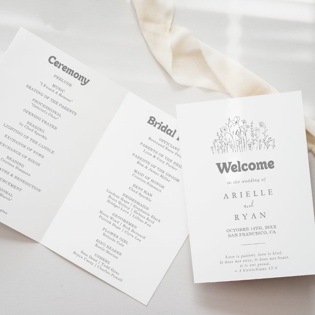Minimal Muted Gray Wildflower Folded Wedding Program (Creator Uploaded)