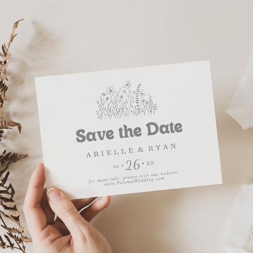 Minimal Muted Gray Wildflower Horizontal Wedding Save The Date