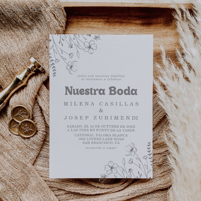 Minimal Muted Gray Wildflower Nuestra Boda Wedding Invitation (Creator Uploaded)