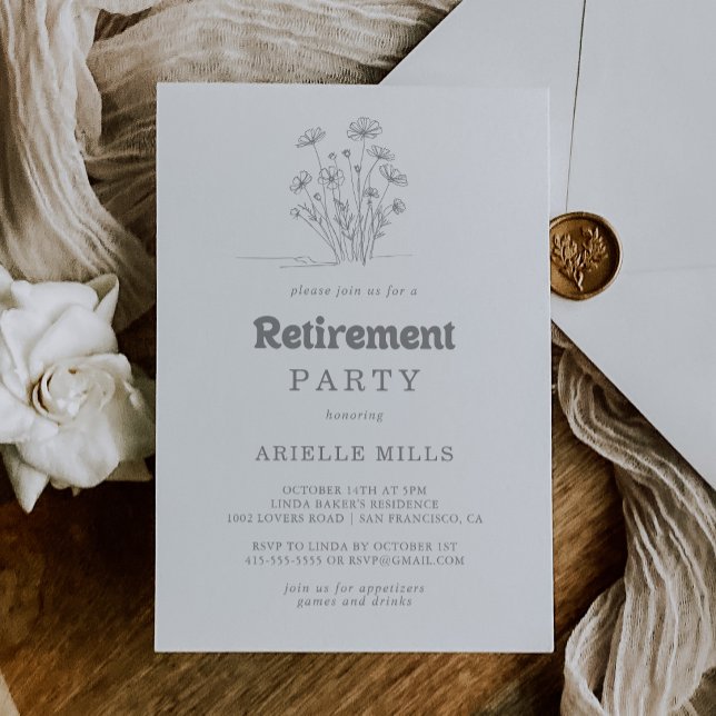 Minimal Muted Gray Wildflower Retirement Party Invitation (Creator Uploaded)