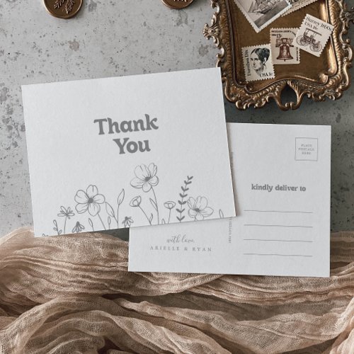 Minimal Muted Gray Wildflower Thank You Postcard