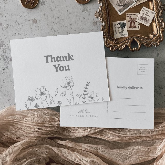 Minimal Muted Gray Wildflower Thank You Postcard (Creator Uploaded)