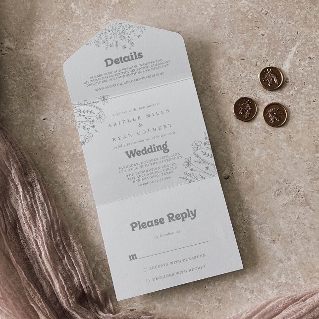 Minimal Muted Gray Wildflower Wedding     All In One Invitation (Creator Uploaded)
