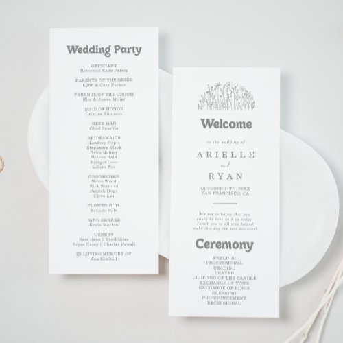 Minimal Muted Gray Wildflower Wedding Program