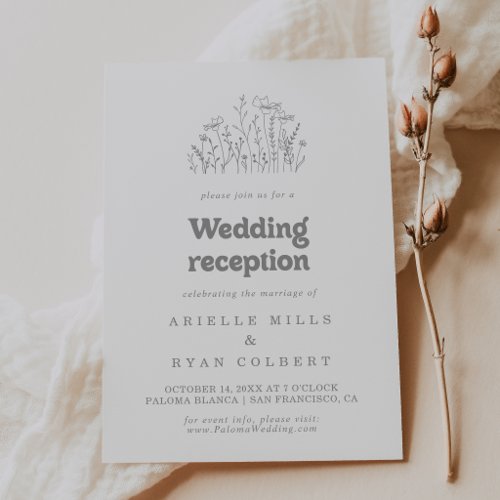 Minimal Muted Gray Wildflower Wedding Reception Invitation