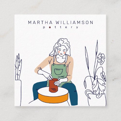 Minimal muted pastels woman illustration pottery square business card