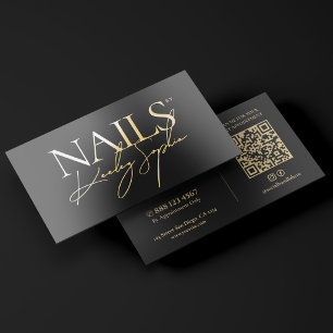 Minimal Nail Tech Black Nail Artist Signature Gold Foil Business Cards