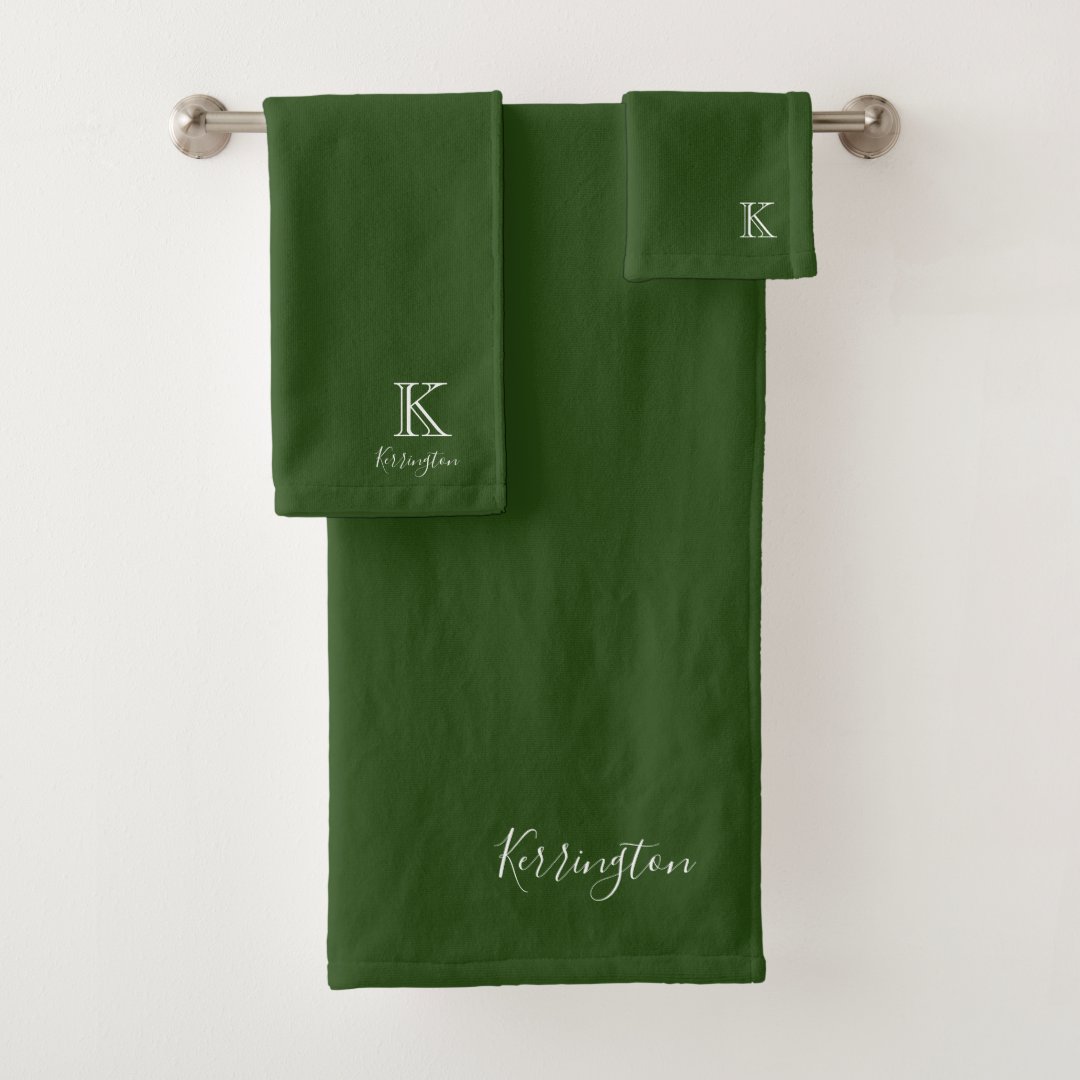 Minimal Name Monogram Color Match Forest Green Bath Towel Set Zazzle