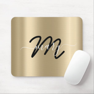 Minimal Name Monogram Gold Champagne Black Mouse Pad