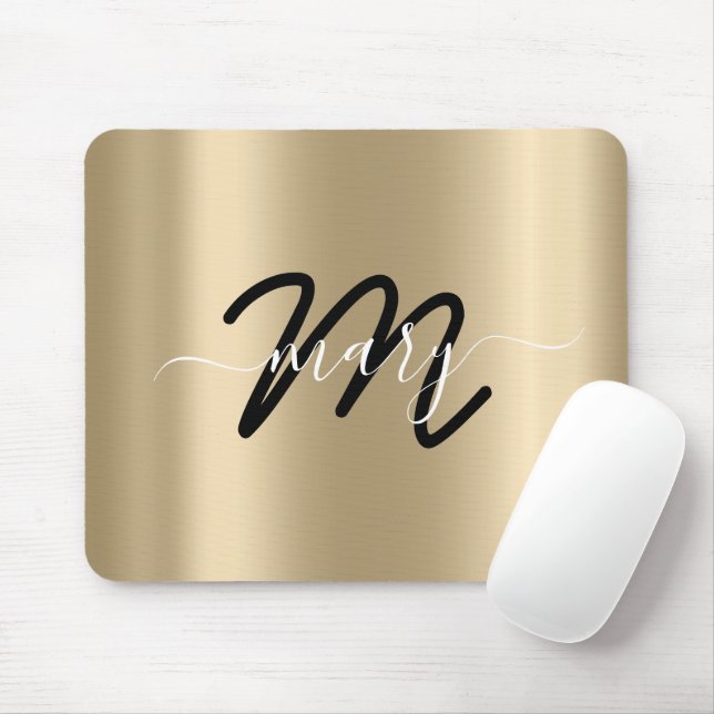 Minimal Name Monogram Gold Champagne Black Mouse Pad (With Mouse)