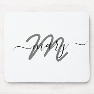 Minimal Name Monogram White Gray Grey Mouse Pad