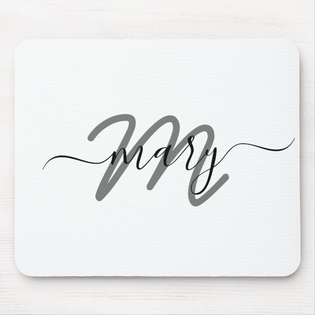 Minimal Name Monogram White Gray Grey Mouse Pad (Front)