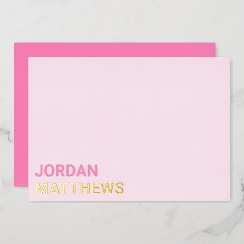 Minimal name silver gold real foil pink note card