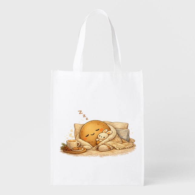 Minimal Napping Potato Soft Brown Line Art Grocery Bag (Front)