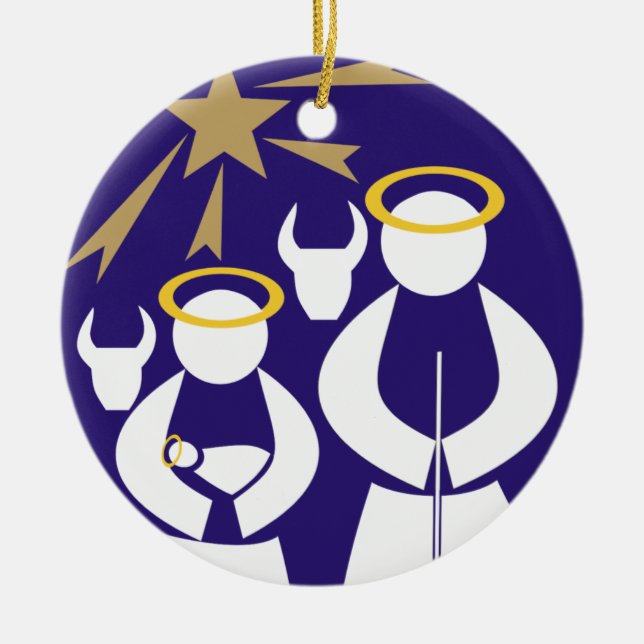 Minimal Nativity Scene Christmas blue Ceramic Ornament (Front)