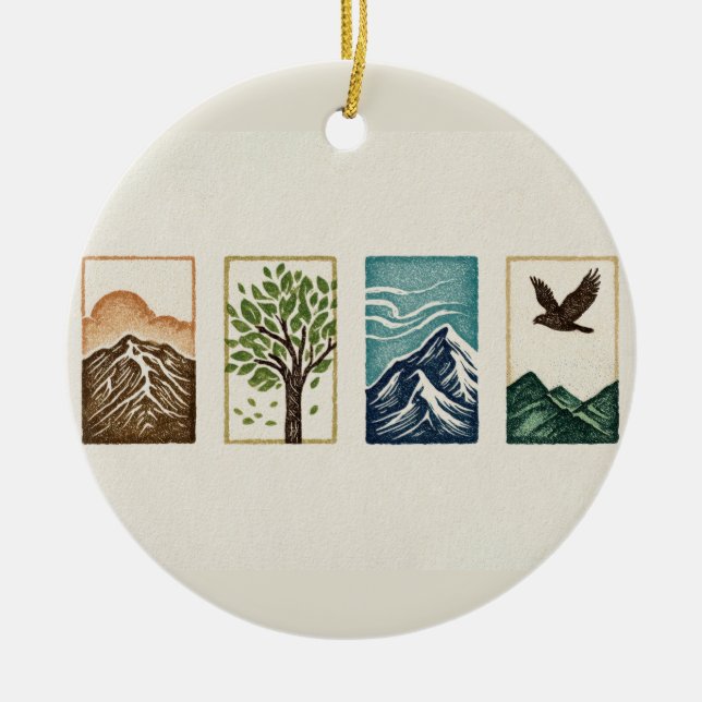 Minimal Nature Set – Mountain & Tree Art Ceramic Ornament (Front)