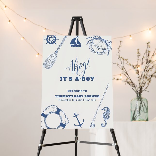Minimal Nautical Fishing Baby Shower Welcome Sign (In Situ (Stand))
