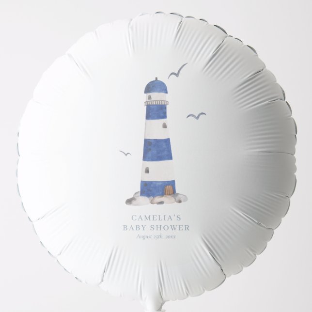 Minimal Nautical Lighthouse Baby Shower Ahoy Boy's Balloon (Front)