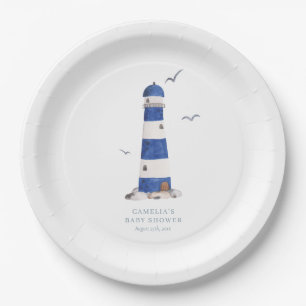 Minimal Nautical Lighthouse Baby Shower Ahoy Boy's Paper Plates