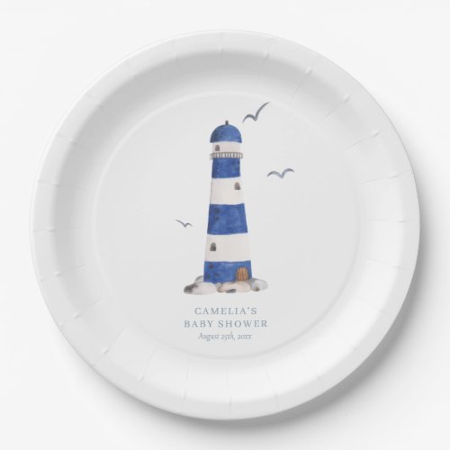Minimal Nautical Lighthouse Baby Shower Ahoy Boys Paper Plates