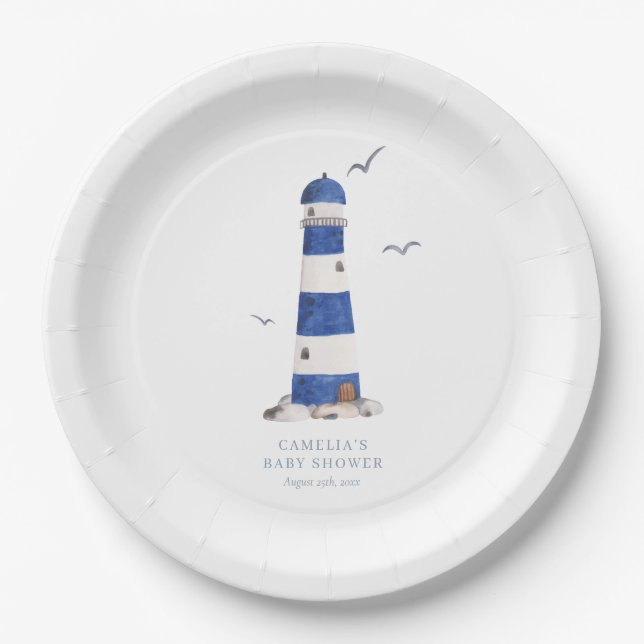 Minimal Nautical Lighthouse Baby Shower Ahoy Boy's Paper Plates (Front)