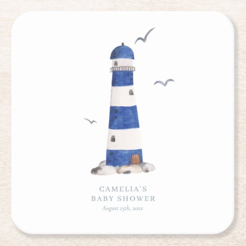Minimal Nautical Lighthouse Baby Shower Ahoy Boys Square Paper Coaster