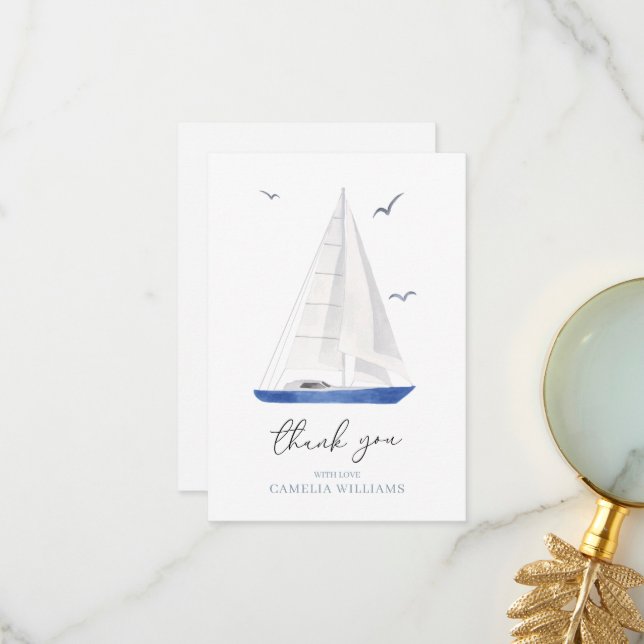 Minimal Nautical Sailboat Ahoy Boy's Thank You (Front/Back In Situ)