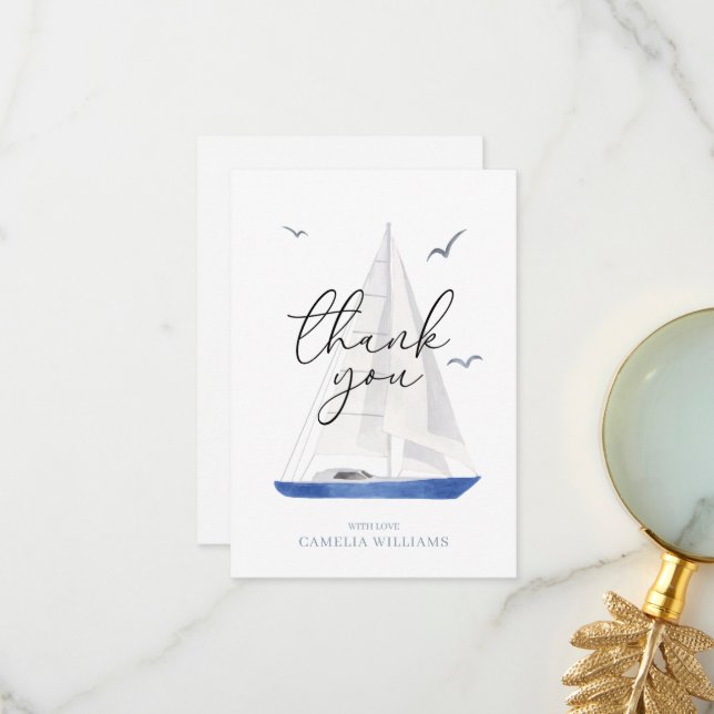 Minimal Nautical Sailboat Ahoy Boy's Thank You Card (Front/Back In Situ)
