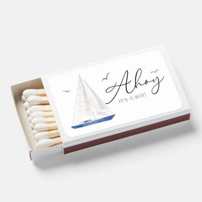 Minimal Nautical Sailboat Baby Shower Ahoy Boy's  Matchboxes (Front Open)