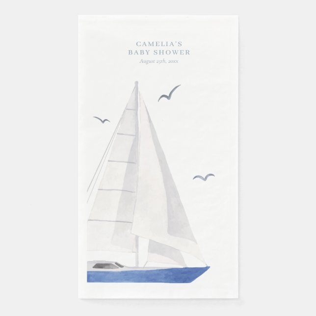 Minimal Nautical Sailboat Baby Shower Ahoy Boy's Paper Guest Towels (Front)