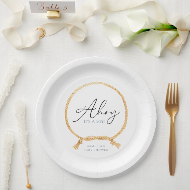 Minimal Nautical Sailboat Baby Shower Ahoy Boy's Paper Plates (Wedding)