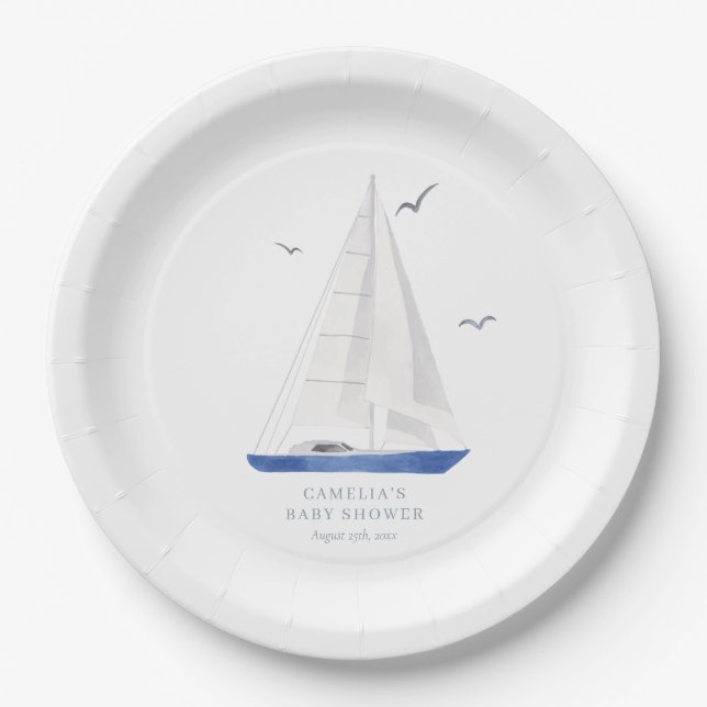 Minimal Nautical Sailboat Baby Shower Ahoy Boy's Paper Plates (Front)
