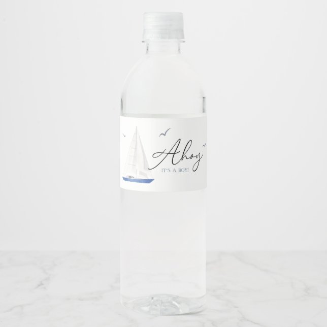Minimal Nautical Sailboat Baby Shower Ahoy Boy's  Water Bottle Label (Front)