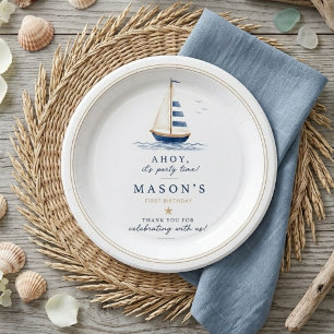 Minimal Nautical Sailboat First Birthday Paper Plates
