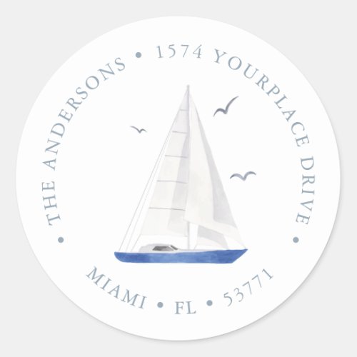 Minimal Nautical Sailboat Navy Blue Address Classic Round Sticker