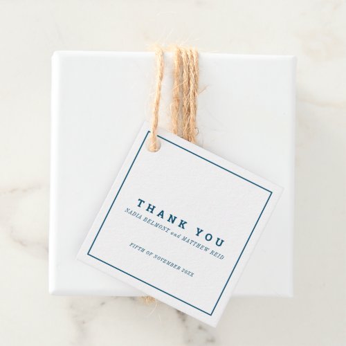 Minimal navy and white square wedding thank you favor tags