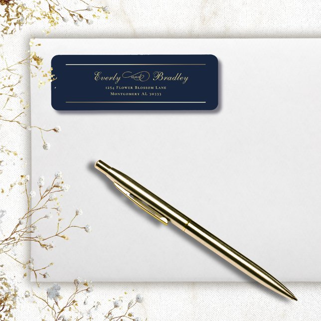 Minimal Navy Background Gold Script Elegant Return Label (Creator Uploaded)
