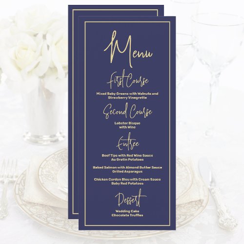 Minimal Navy Blue and Gold Modern Chic Script  Menu