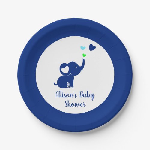 Minimal Navy Blue and White Elephant Baby Shower Paper Plates
