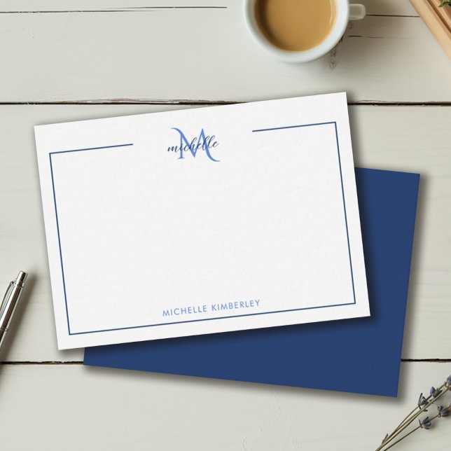 Minimal Navy Blue and White Monogram Note Card (Minimal Navy Blue and White Monogram Note Card)