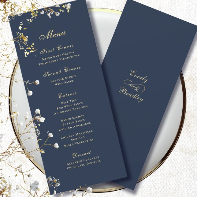 Minimal Navy Blue Background Gold Script Menu Invitation (Creator Uploaded)