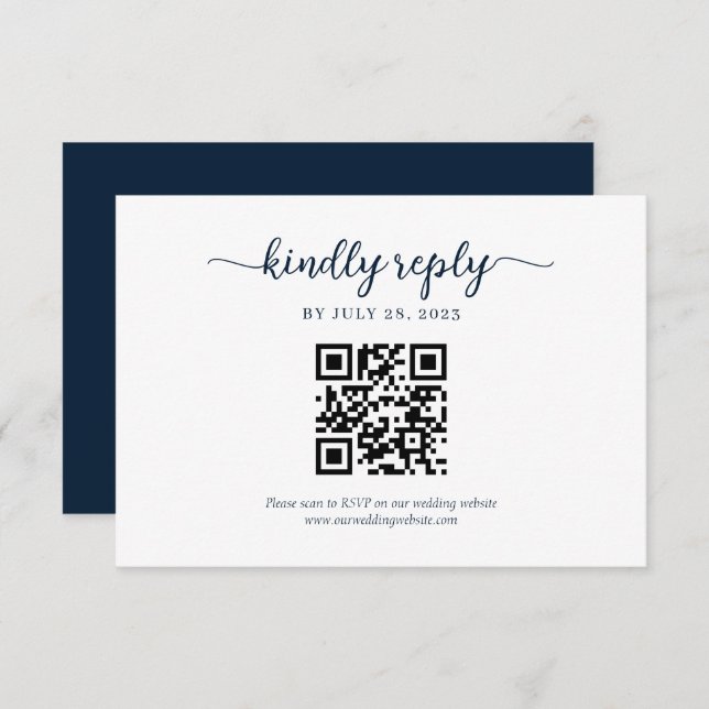 Minimal Navy Blue Floral Monogram QR Code Wedding RSVP Card (Front/Back)