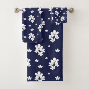 Minimal navy blue floral pattern tiny white flower bath towel set