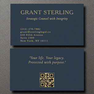 Minimal Navy Blue Gold Legal QR Code Business Card
