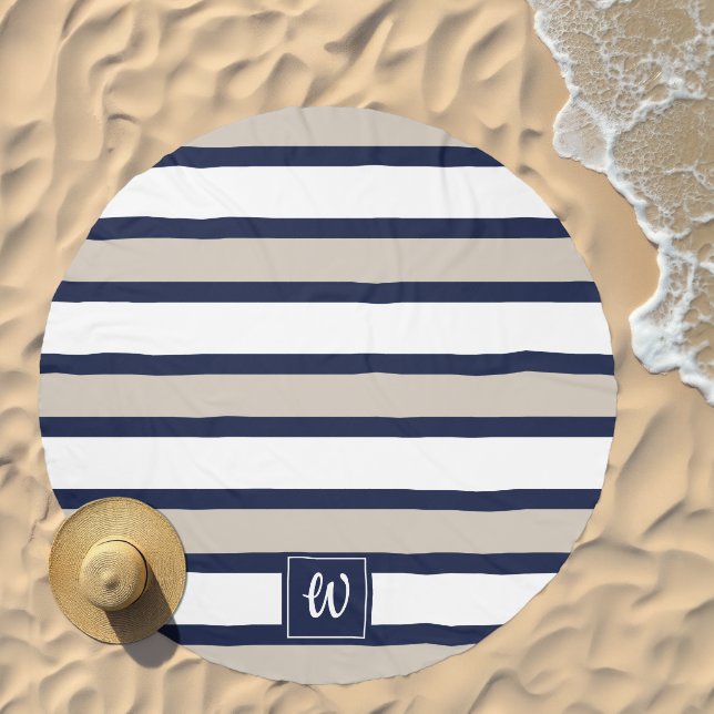 Minimal Navy Blue Grey White Stripes Monogrammed Beach Towel (Beach)