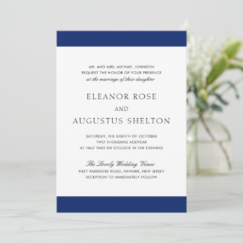 Minimal Navy Blue Modern All In One Wedding Invitation