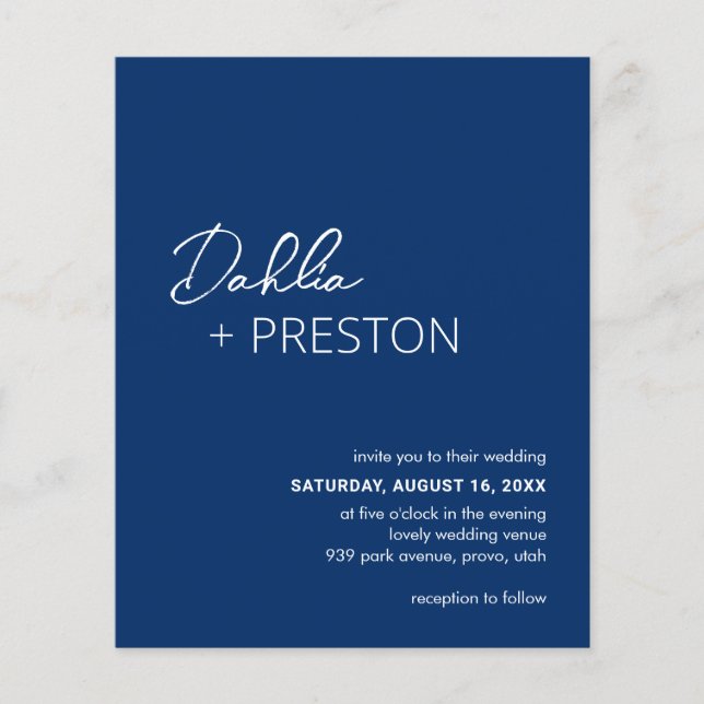 Minimal Navy Blue Modern Budget Wedding Invite Flyer (Front)