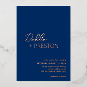 Minimal Navy Blue Modern Wedding Foil Invitation