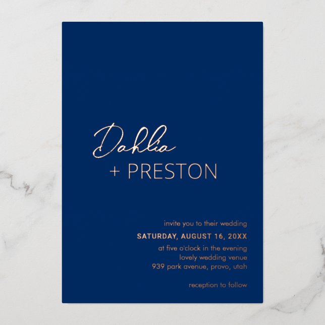 Minimal Navy Blue Modern Wedding Foil Invitation (Front)
